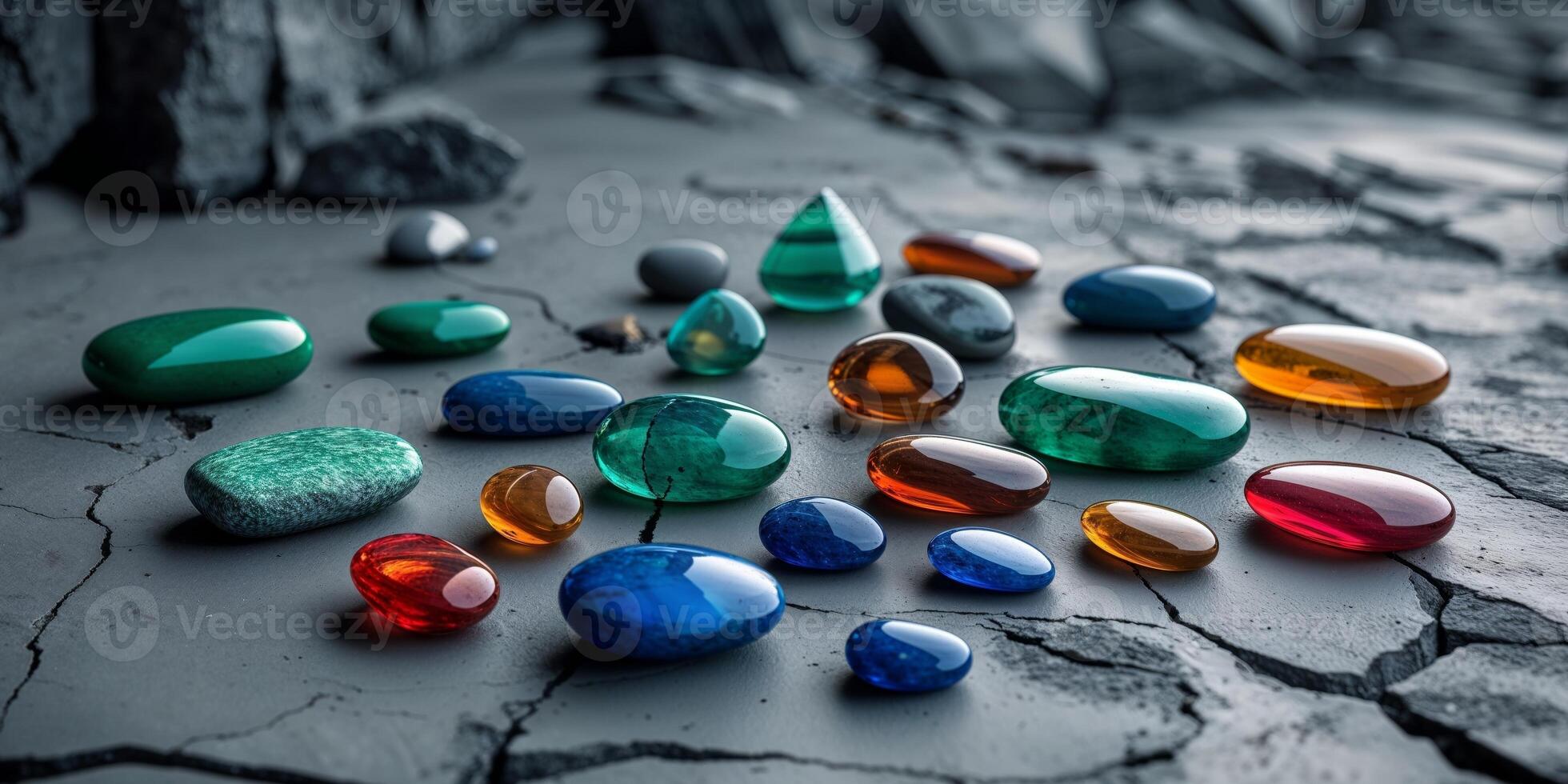 A pile of colorful gems on a rock surface photo