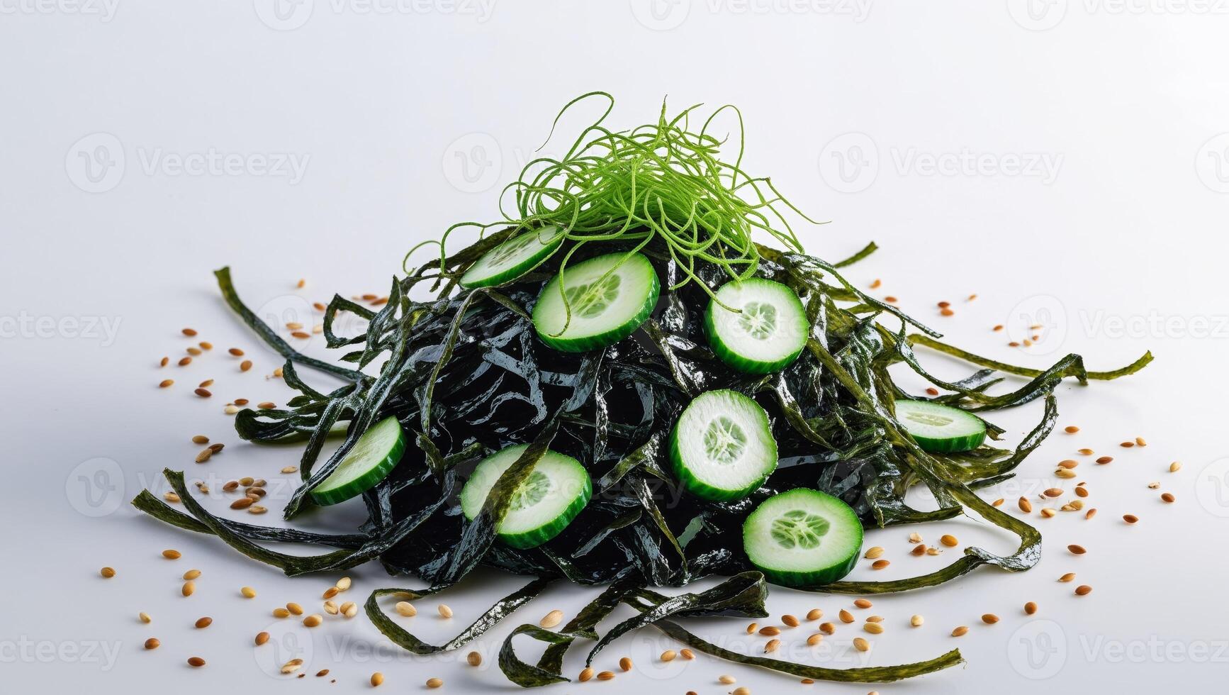 Dark Green Seaweed Salad with Cucumber and Sesame Seeds. photo