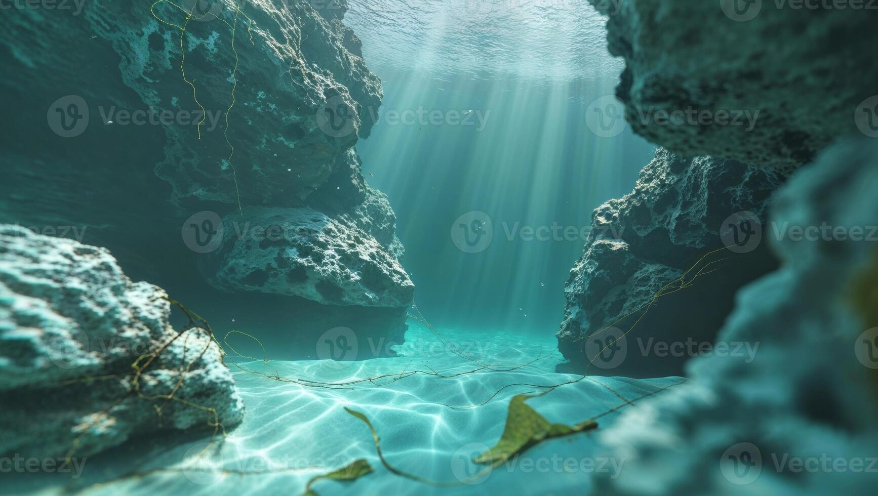 Deep underwater scene with rock formations and sunlight beams. photo