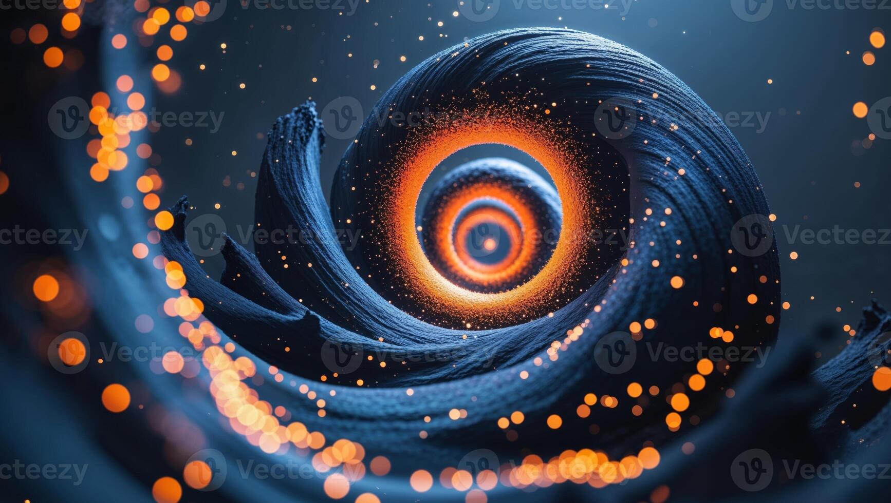 Abstract Dark Blue and Orange Spiral with Glowing Particles. photo