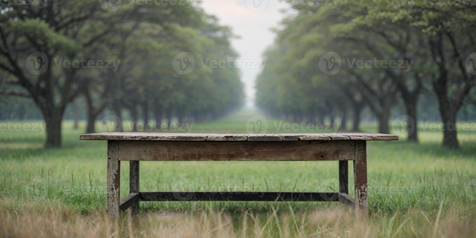A wooden table with a view of a field and trees. photo