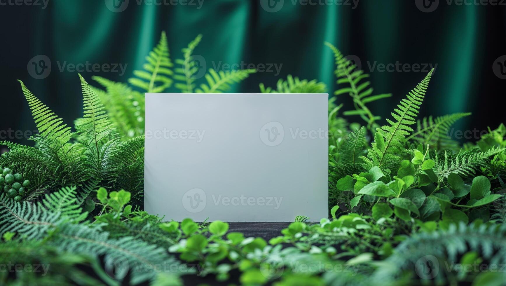 Blank card surrounded by greenery on dark background photo