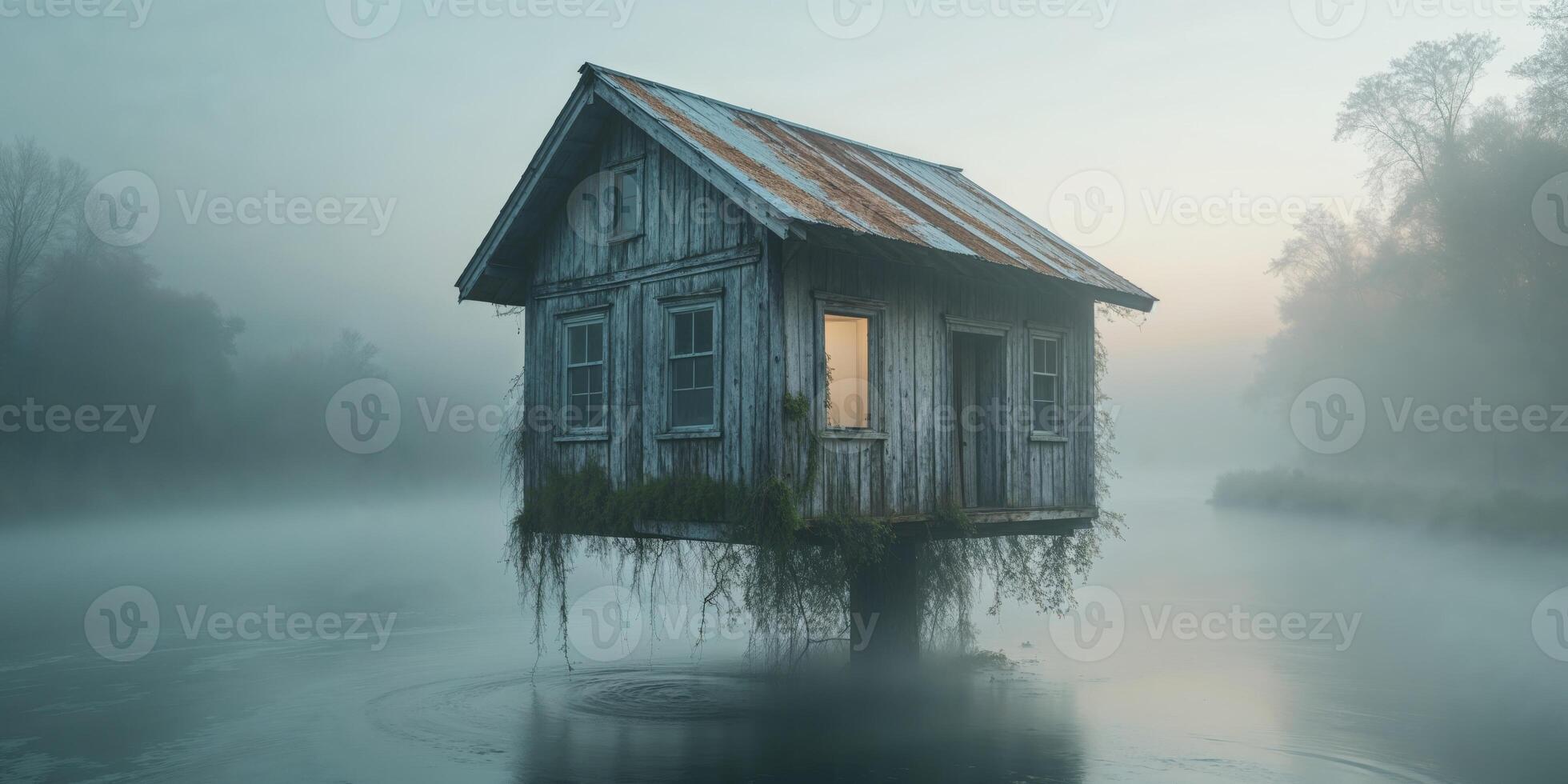 An old wooden house floats upon a foggy river scene photo