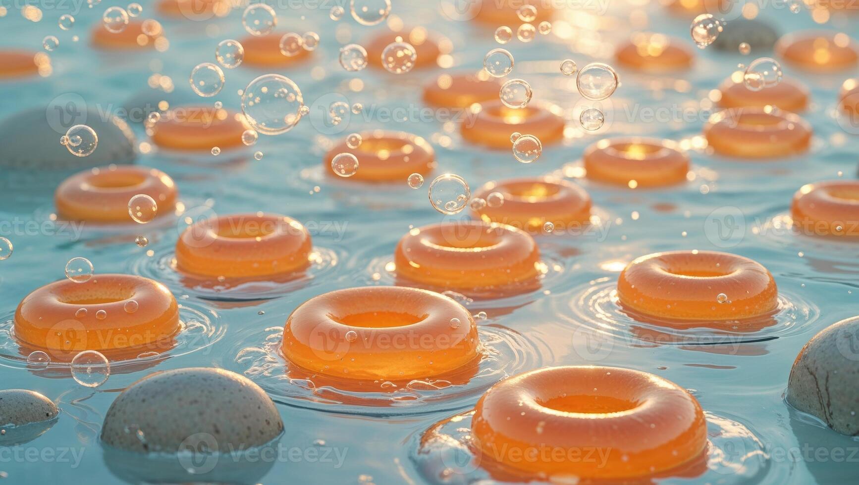 Bubbles form around orange jelly rings resting in shallow water during bright daylight. photo