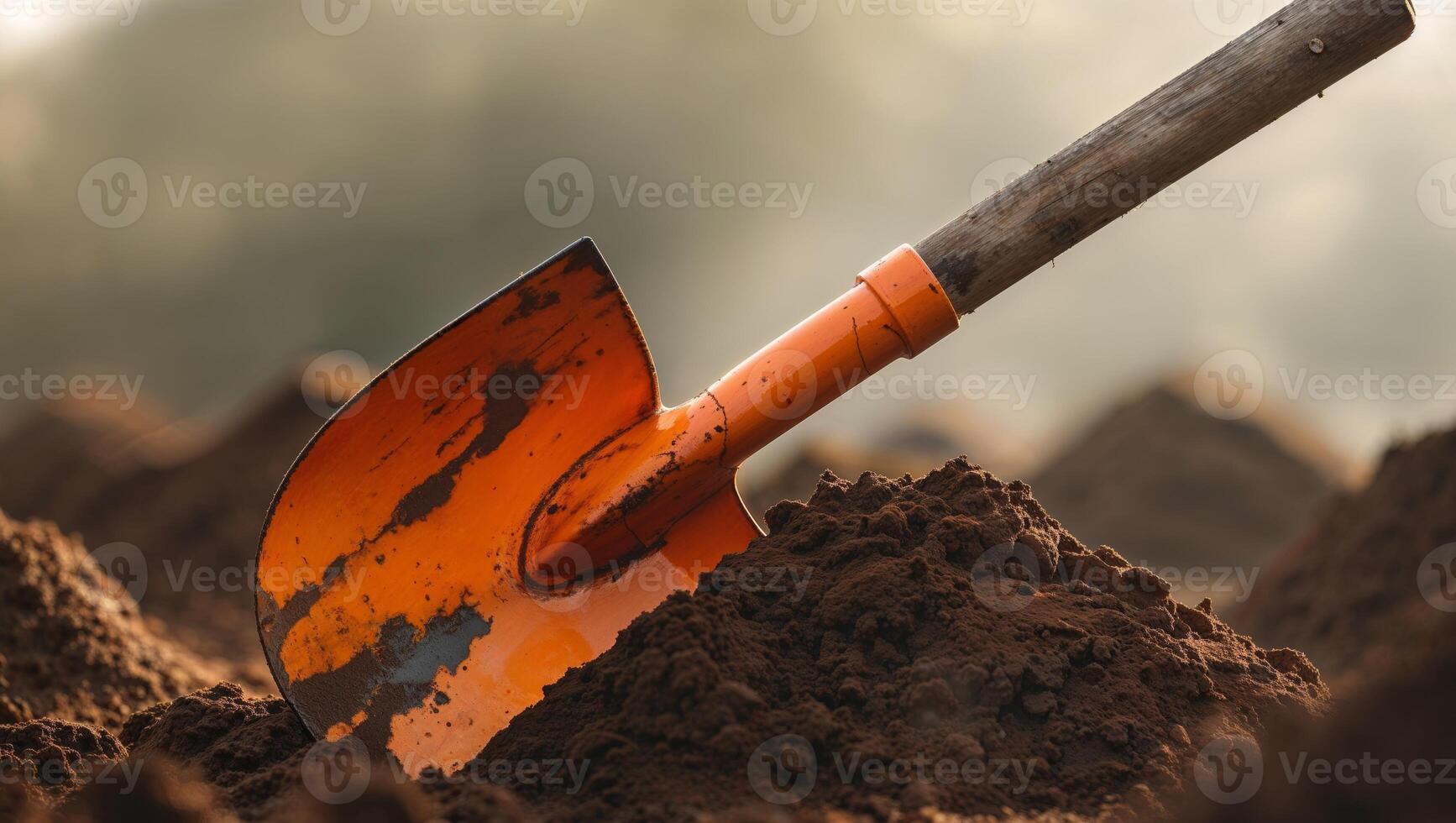 An orange spade is digging into a mound of dark earth. photo
