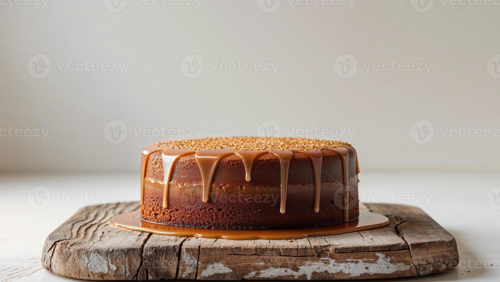 A Stunning Caramel Cake with Drizzled Caramel Sauce on a Wooden Board. photo