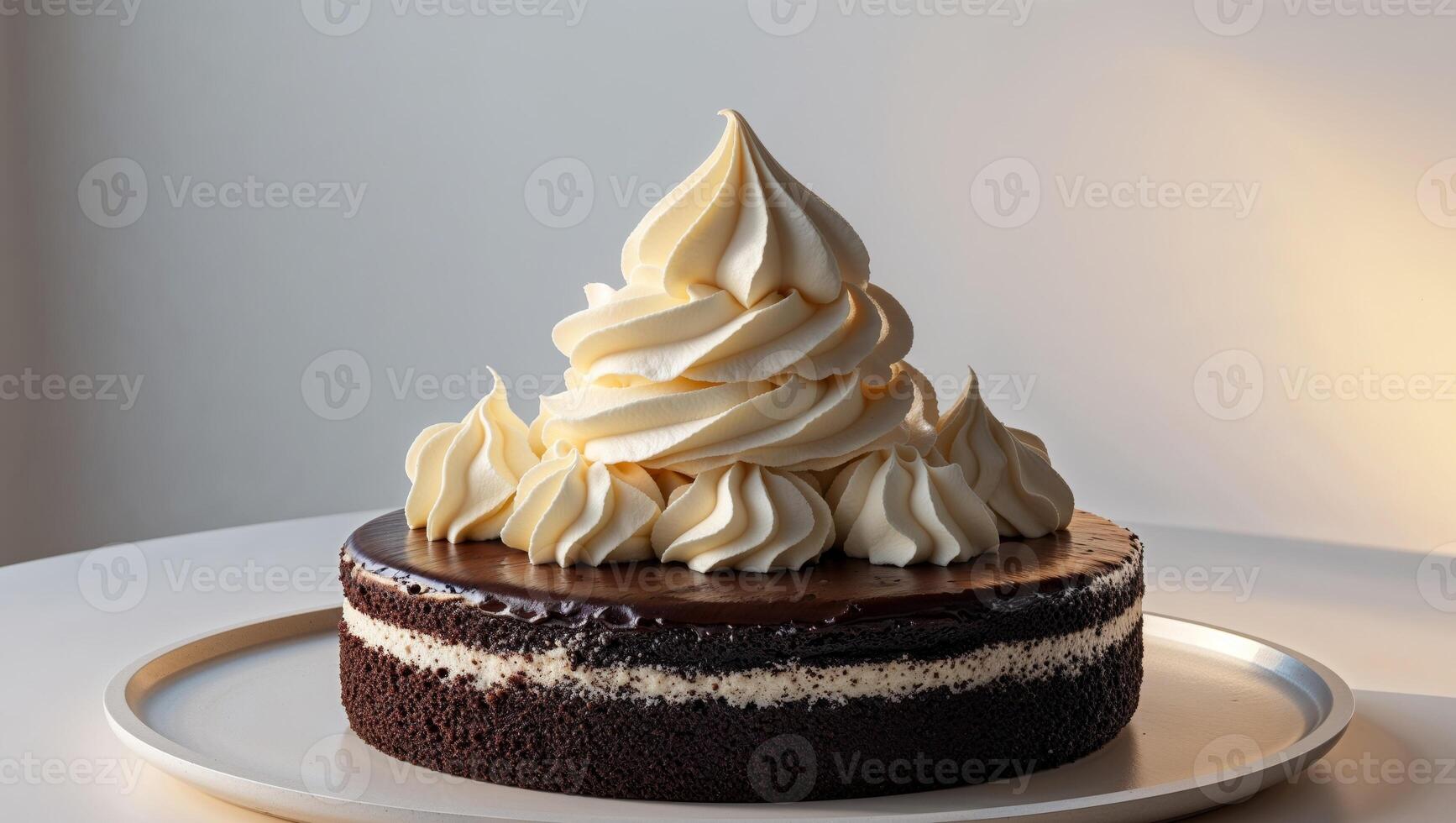 Decadent piece of rich chocolate cake with creamy frosting on a plate ready to satisfy any sweet tooth on a table. photo