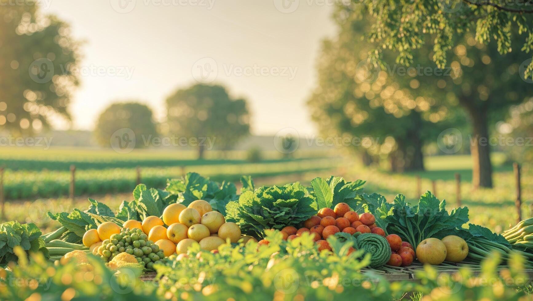 Beautiful rural landscape showing fresh produce and fields in sunlight. photo