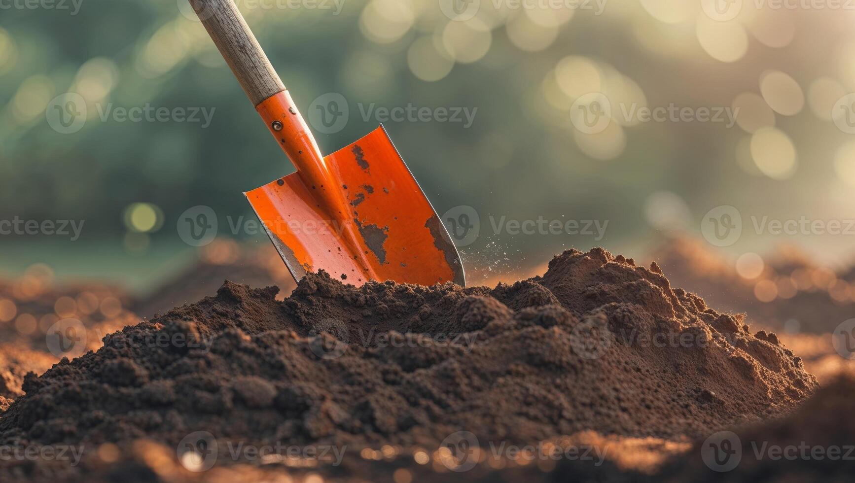 An orange spade is digging into a mound of dark earth photo
