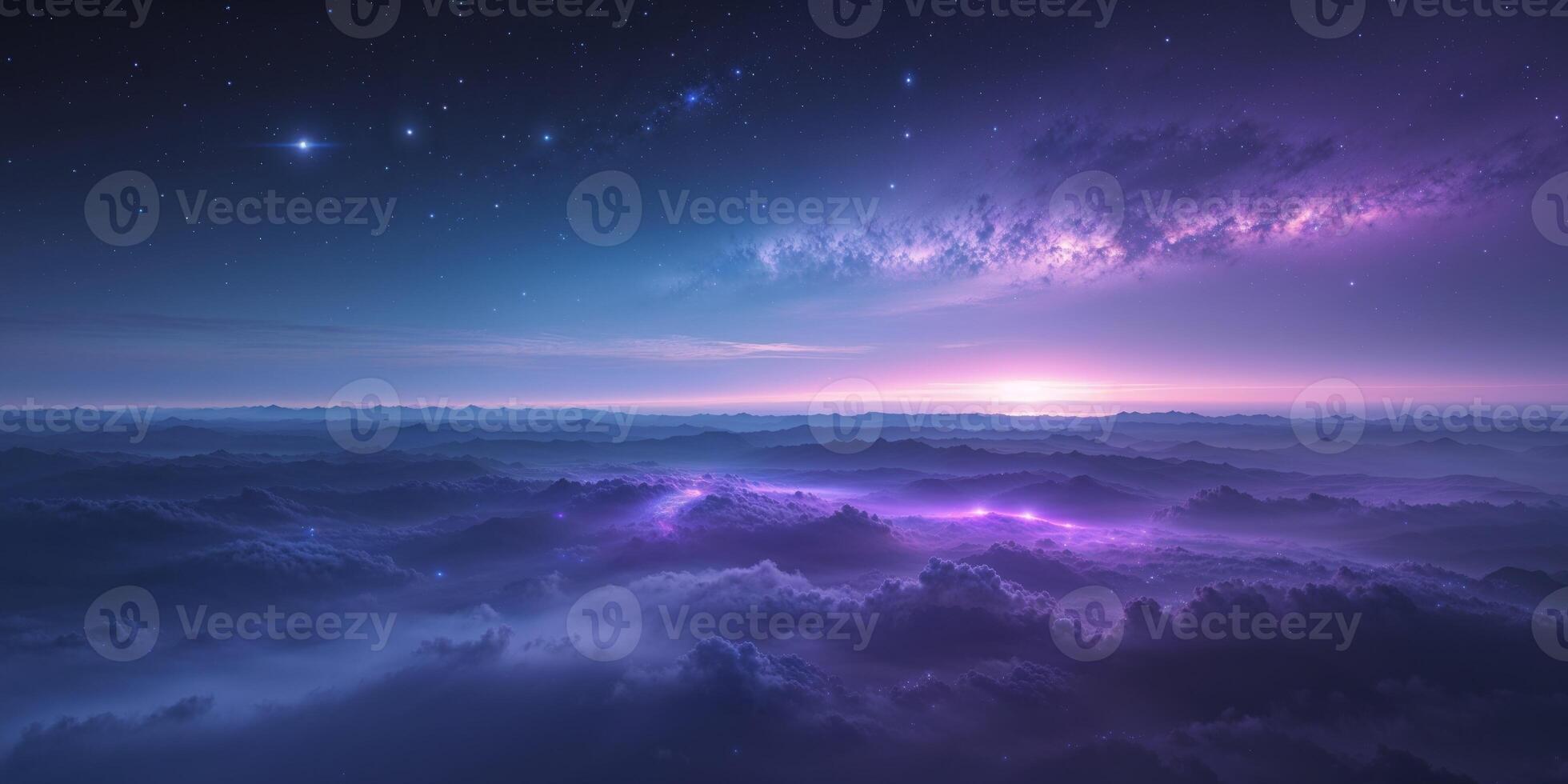 Purple sky over clouds with stars photo