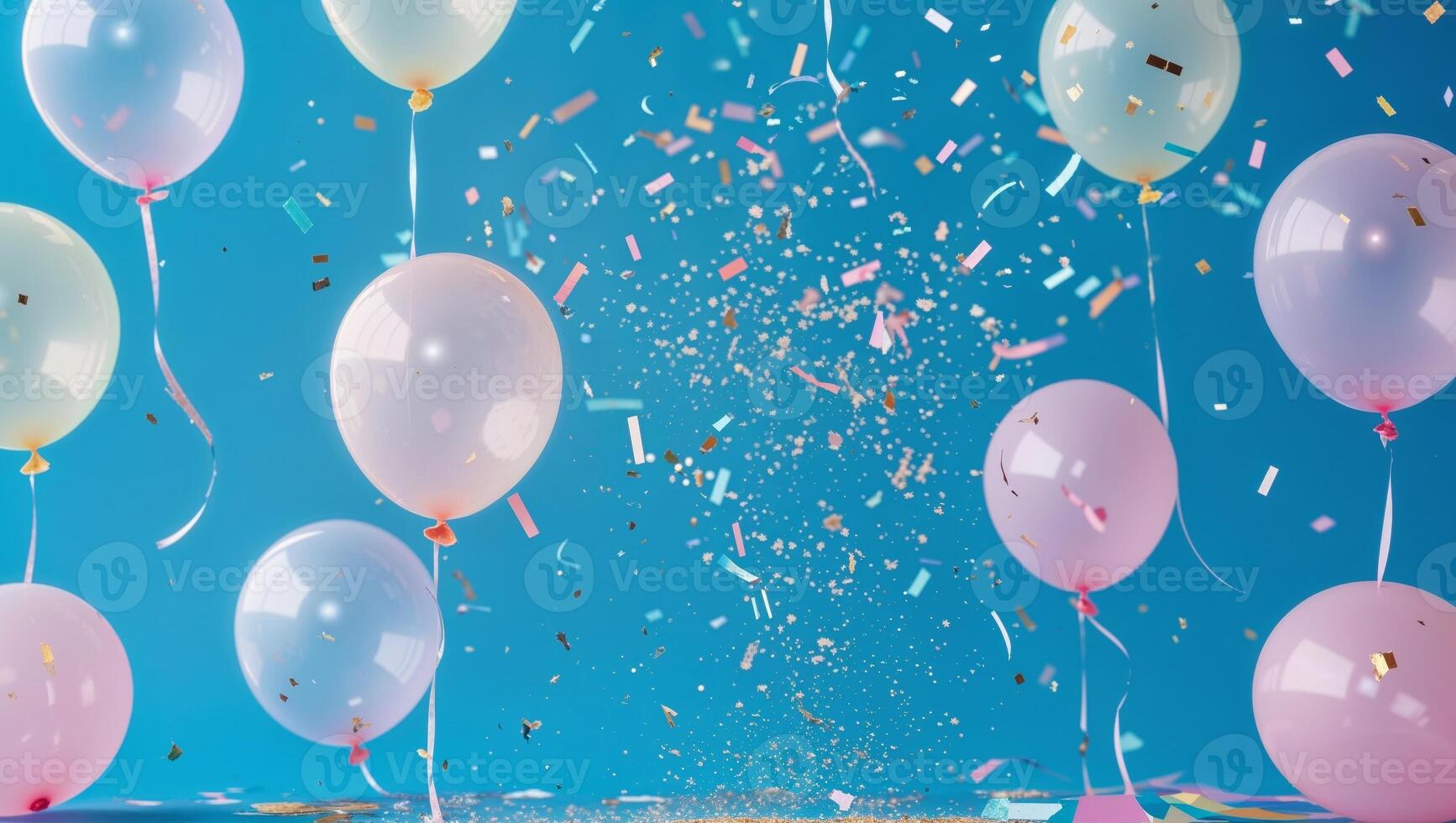 Balloons and confetti on a blue background photo