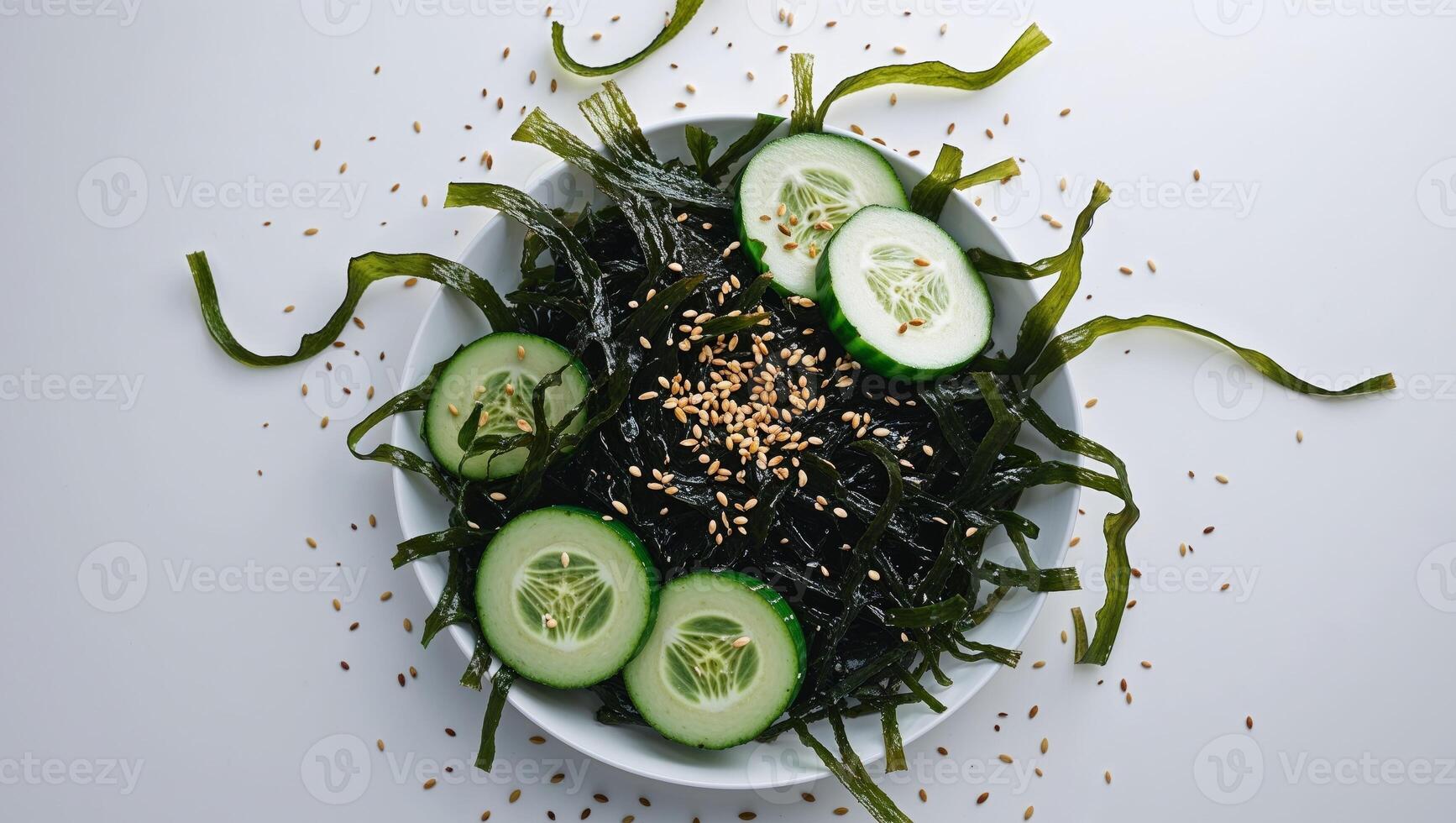 Dark Green Seaweed Salad with Cucumber and Sesame Seeds photo