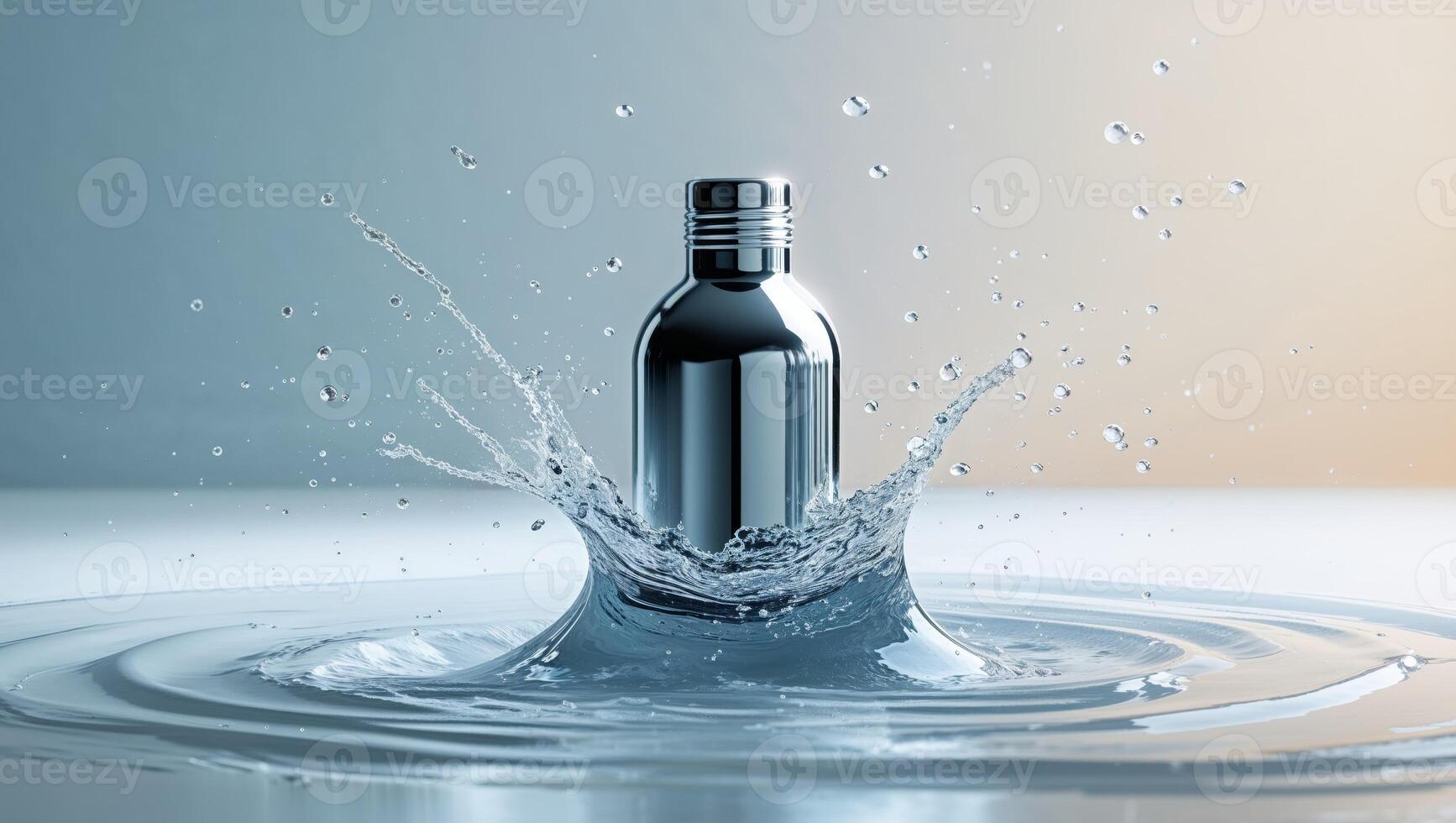 A Stunning Splash of Pure Water into a Stylish Metallic Bottle - A Refreshing Visual. photo