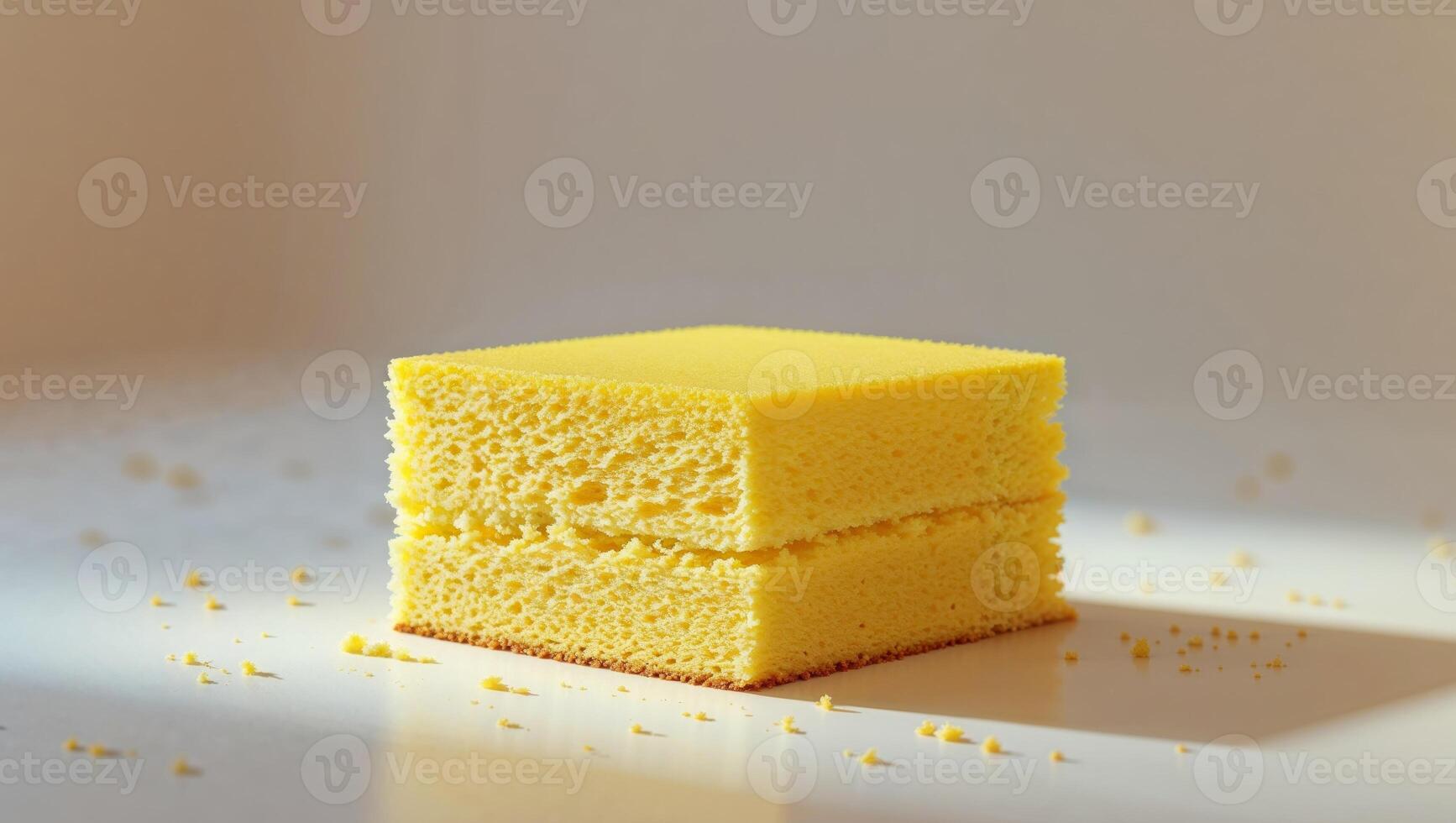 A single square slice of yellow sponge cake on display. photo