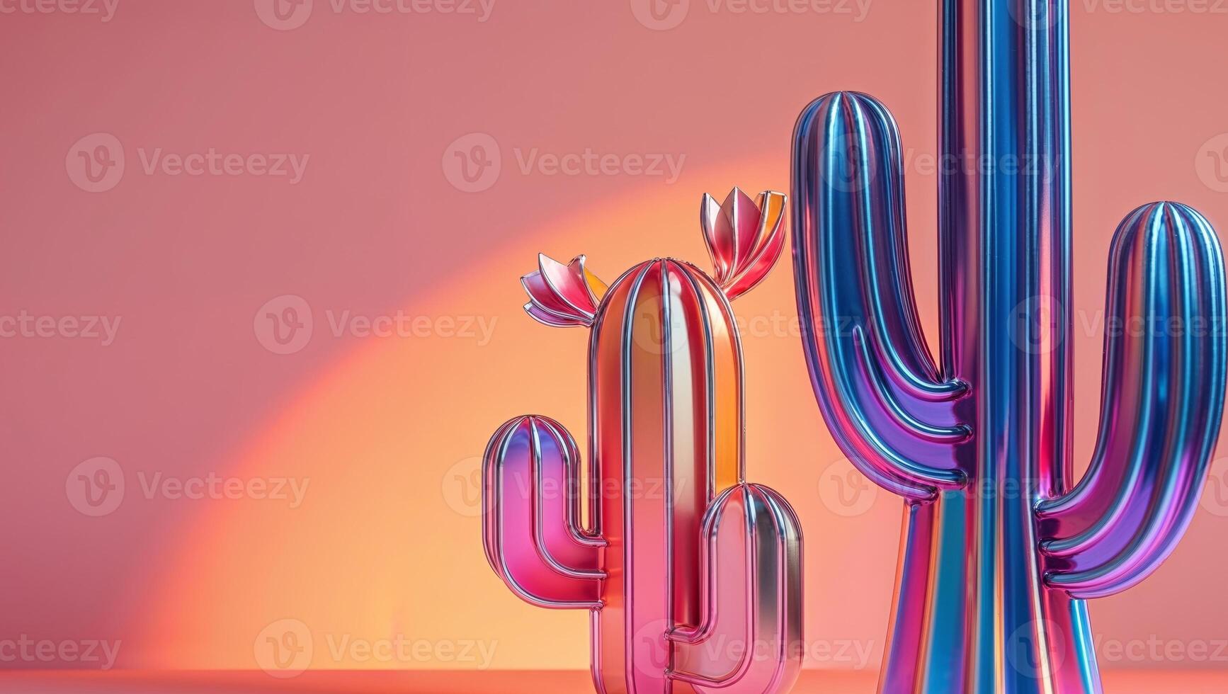 colorful metallic cactus sculpture on a peach orange gradient background. photo