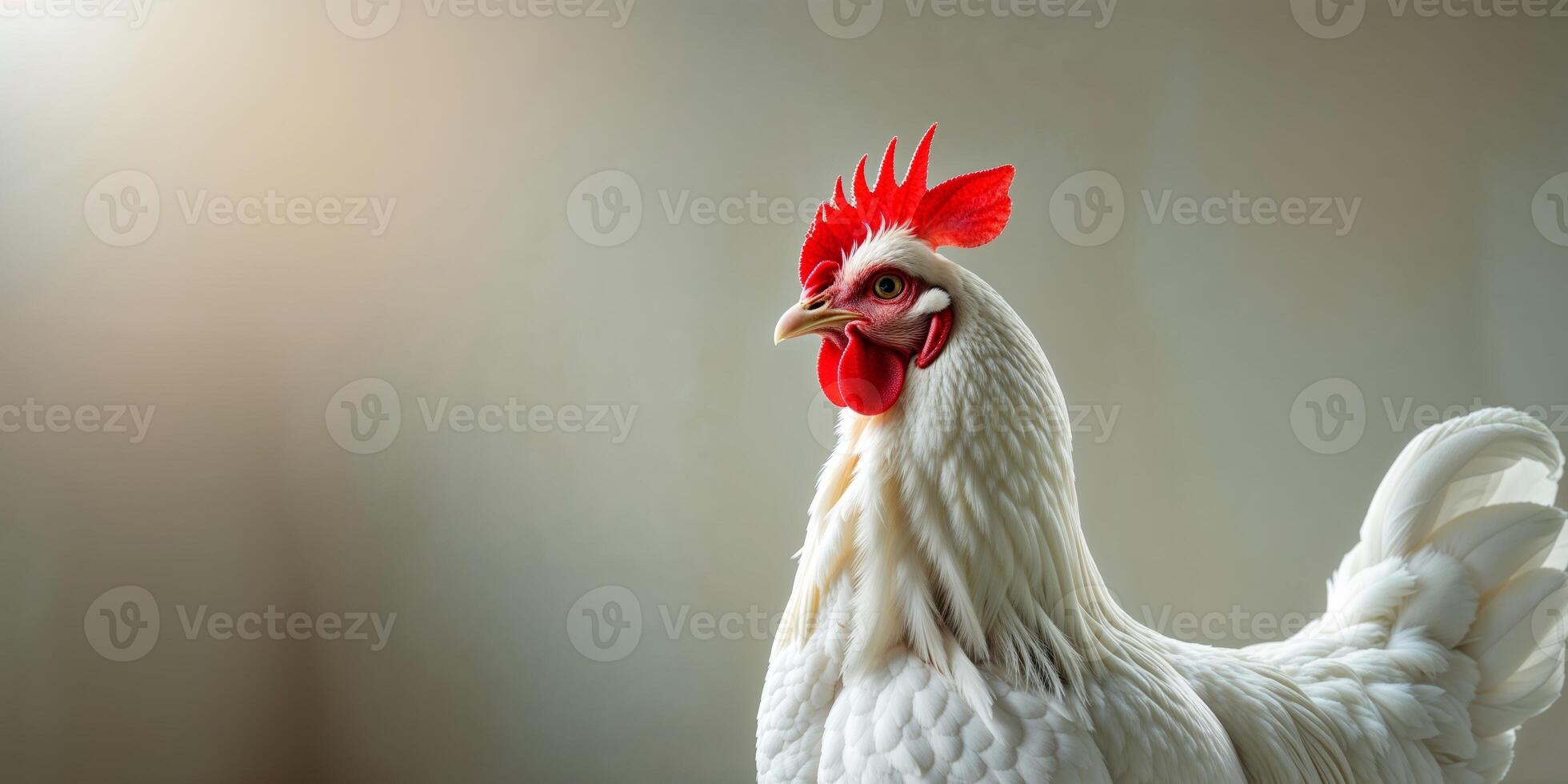A white rooster with red feathers standing on a gray background photo
