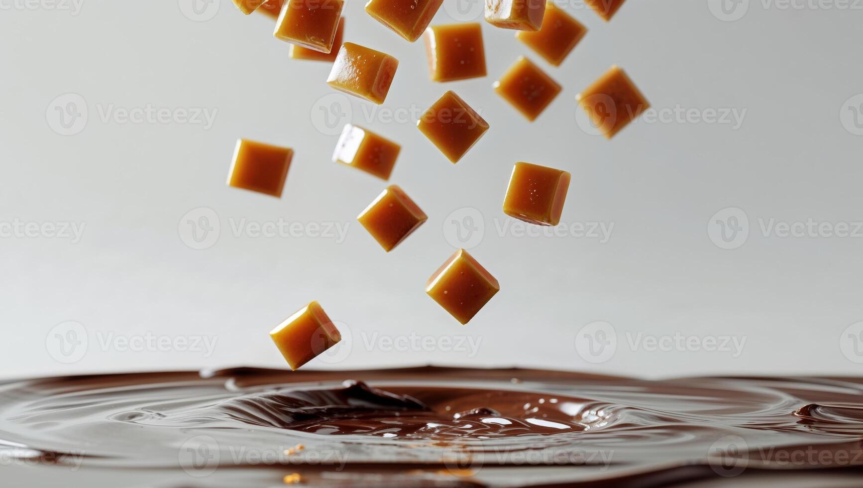 Caramel candies being dropped into a pool of melted chocolate. photo