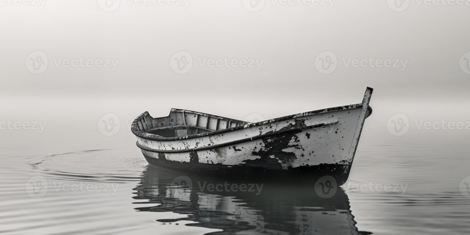 An old weathered fishing boat floats peacefully on the water. photo