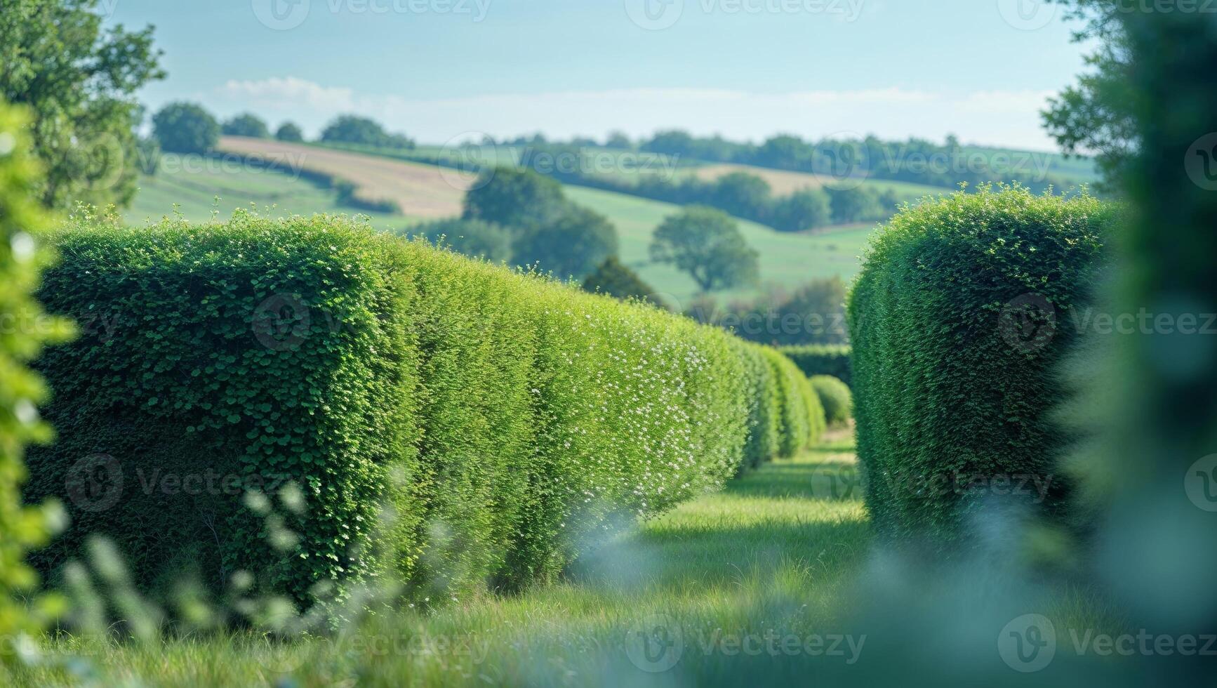 Lush green hedge providing natural privacy and aesthetic appeal in a picturesque countryside setting. photo