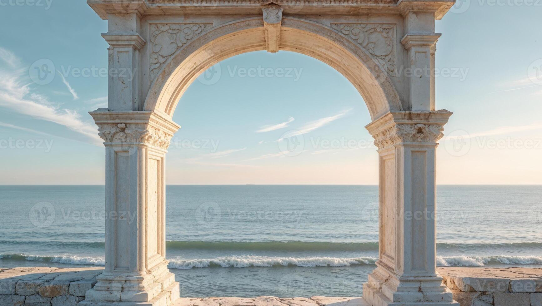 Ornate stone archway overlooks tranquil sea. photo