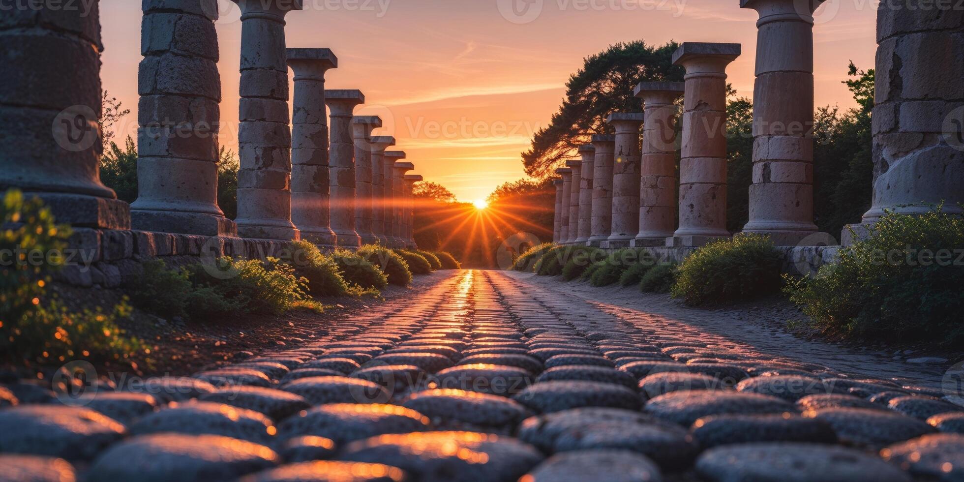 Sunset view through stone pillars and cobblestone path photo