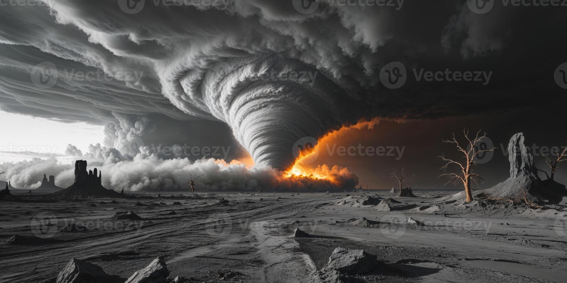 Fiery tornado devastates barren wasteland landscape. photo