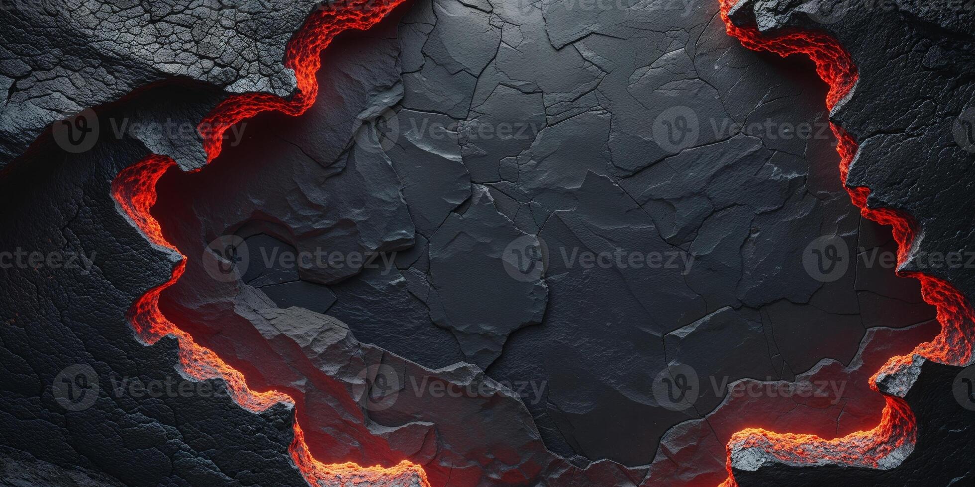 Fiery Lava Rock Edges Frame Dark Textured Background Center Space. photo