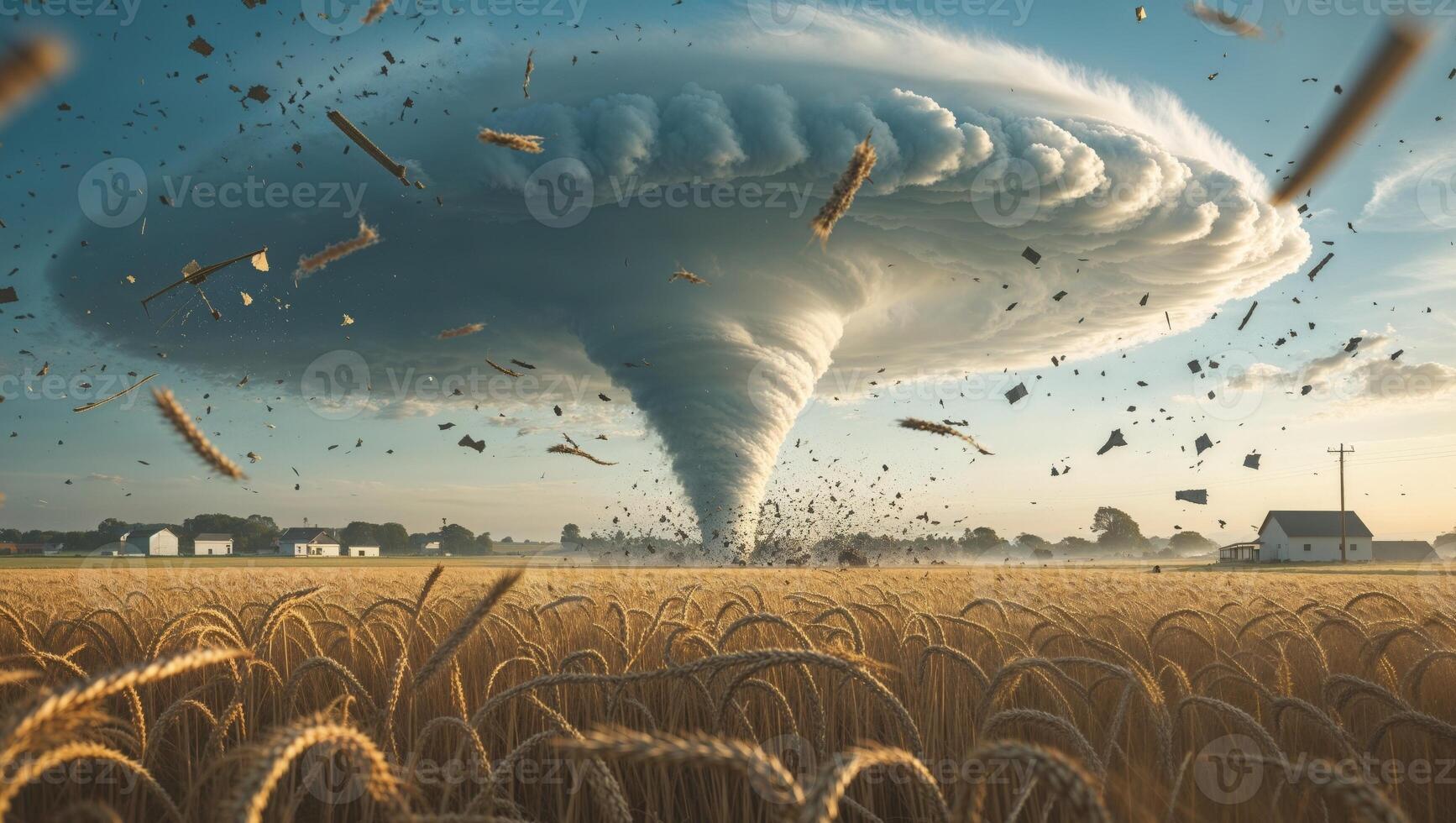 Dramatic Scenes of a Tornado Funnel Over Fields and Flying Debris photo