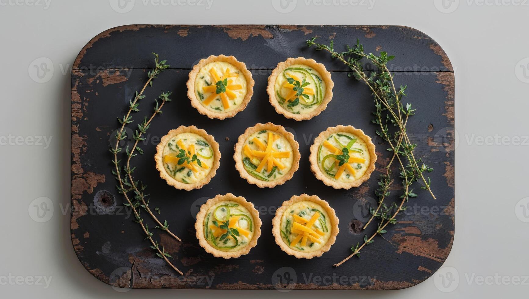 Mini thyme infused quiches with cheddar and leeks on a dark wooden board Overhead view with blank space. photo