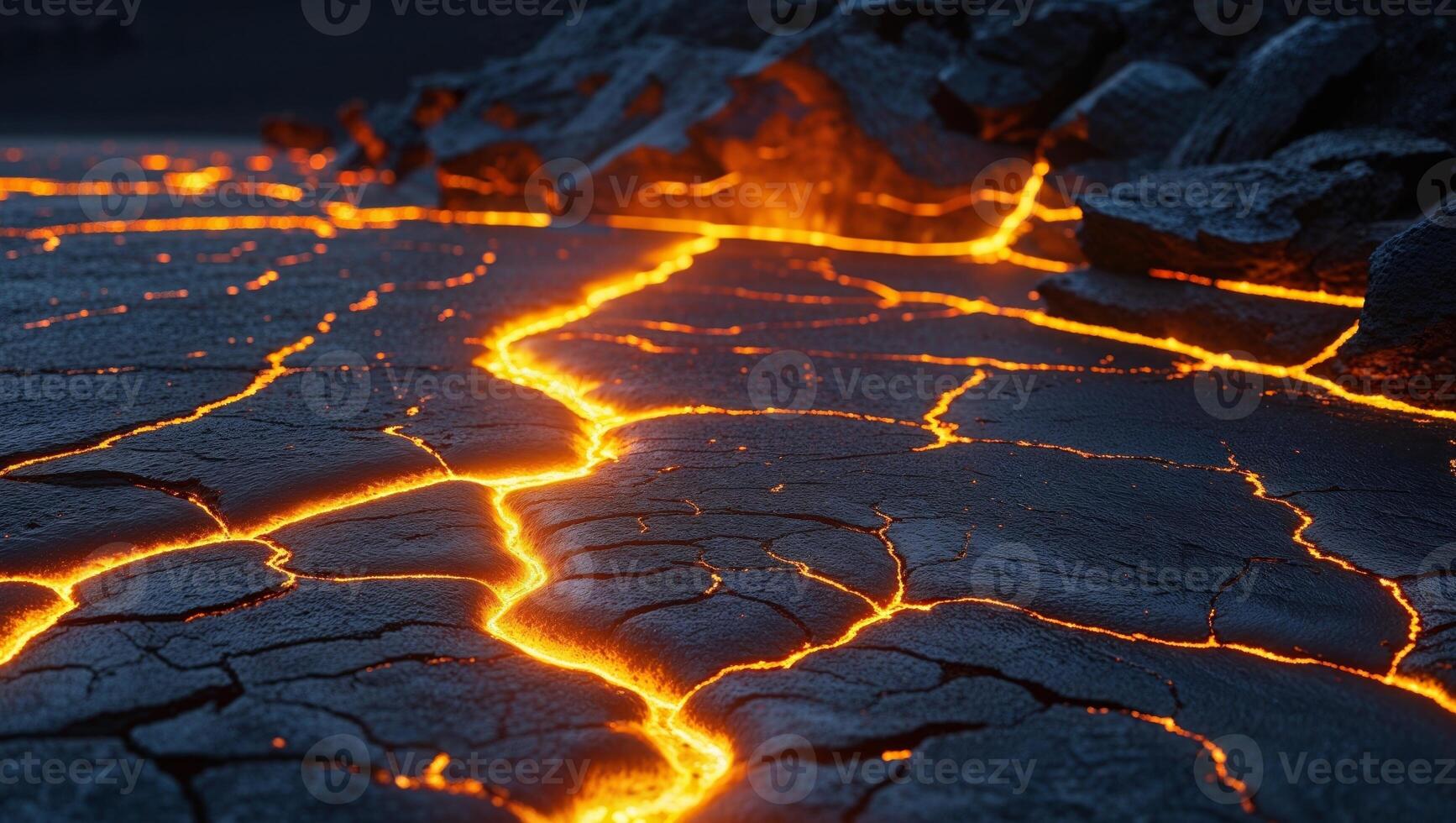 Dramatic Lava Flow Texture with Glowing Cracks and Dark Rocks. photo