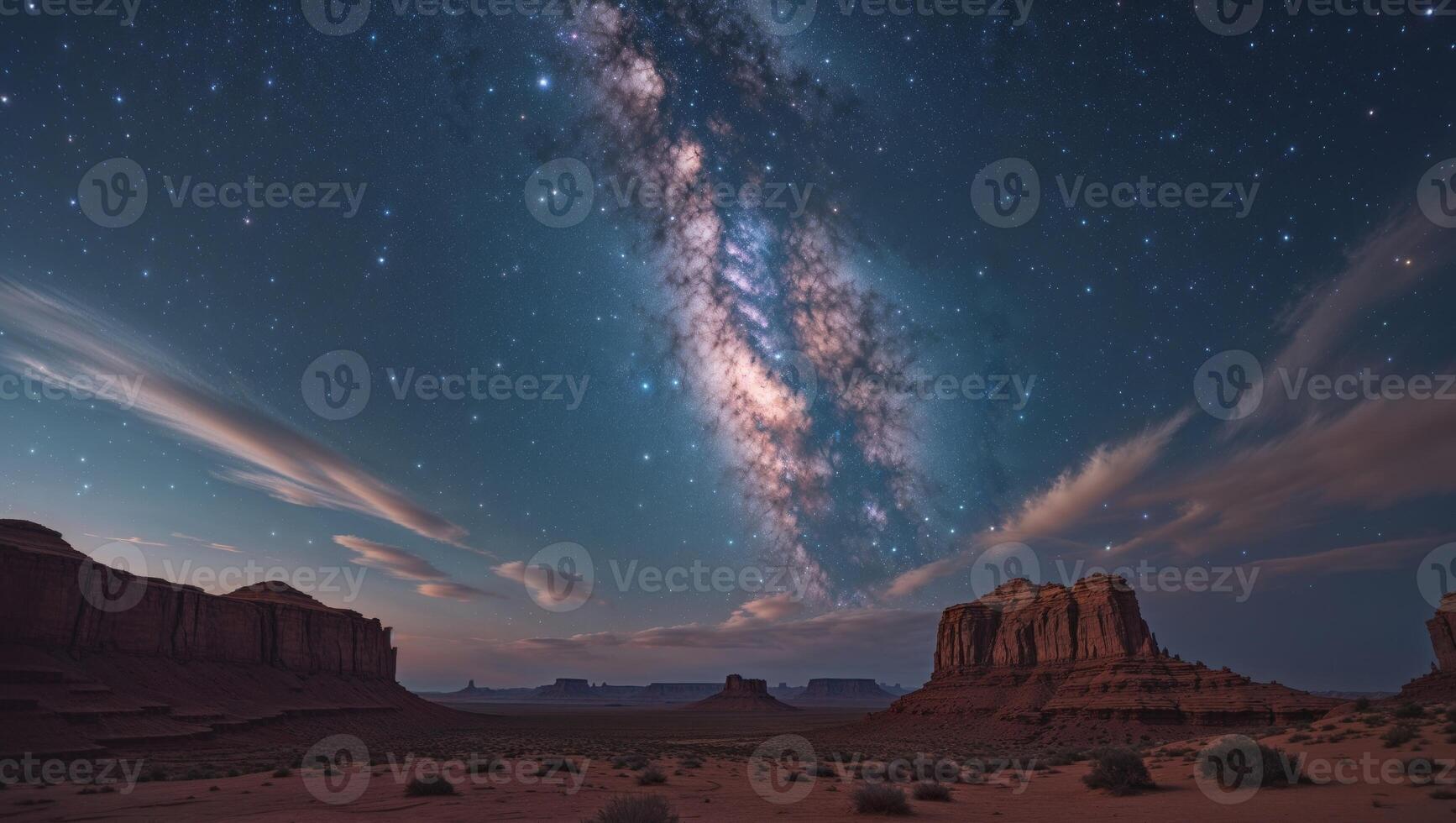 Milky Way over Desert Rock Formations at Night photo