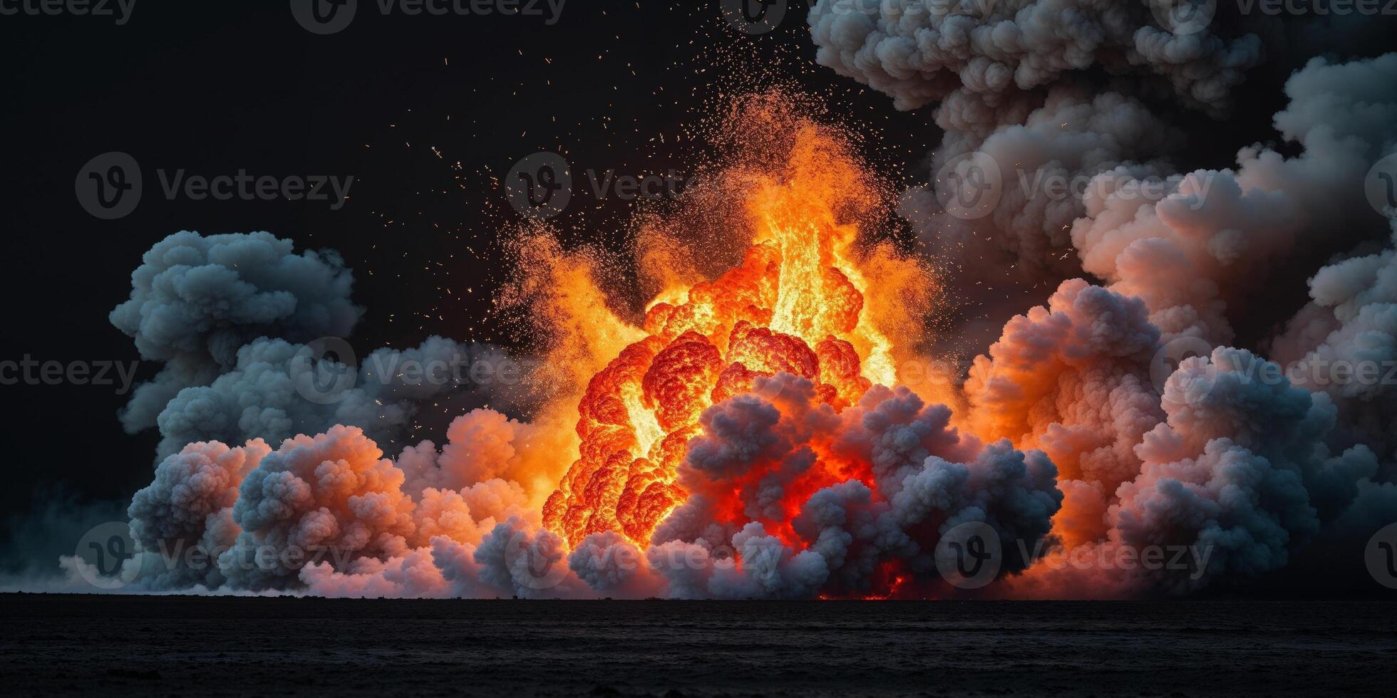 Explosive Fireball Eruption with Bright Orange Flames and Thick Smoke Billowing Out in a Dramatic Display of Power and Energy in a Dark Background photo
