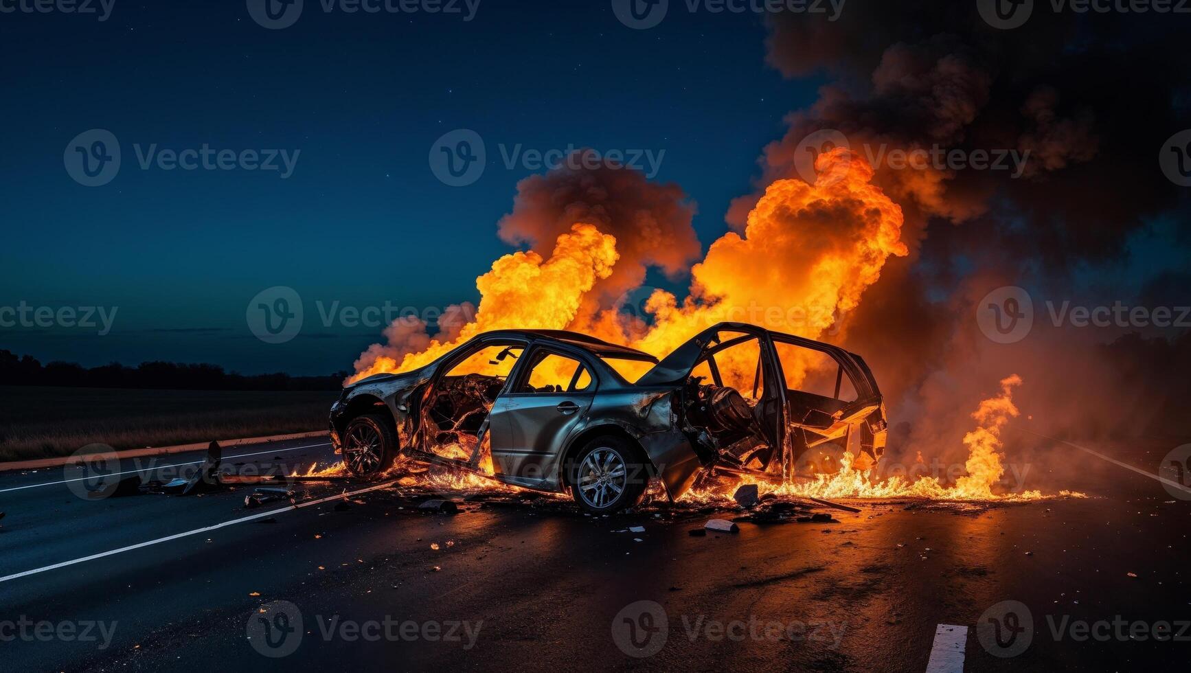 Fiery Car Crash Scene Burning Wreckage on Road at Night. photo