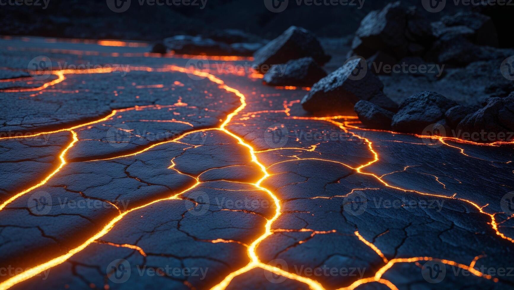 Dramatic Lava Flow Texture with Glowing Cracks and Dark Rocks photo