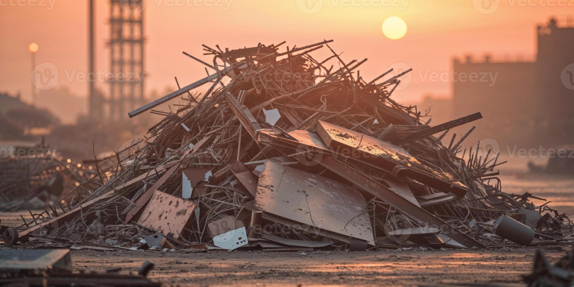 Pile of Construction Debris at Sunset with Blurred Background of Industrial Site and Warm Orange Glow. photo