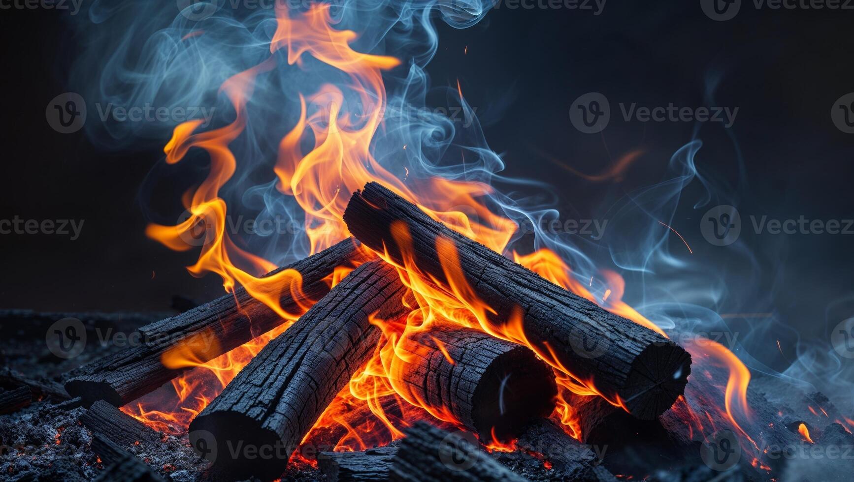 Fiery Orange and Yellow Flames Consuming Wooden Logs in a Dark Setting. photo