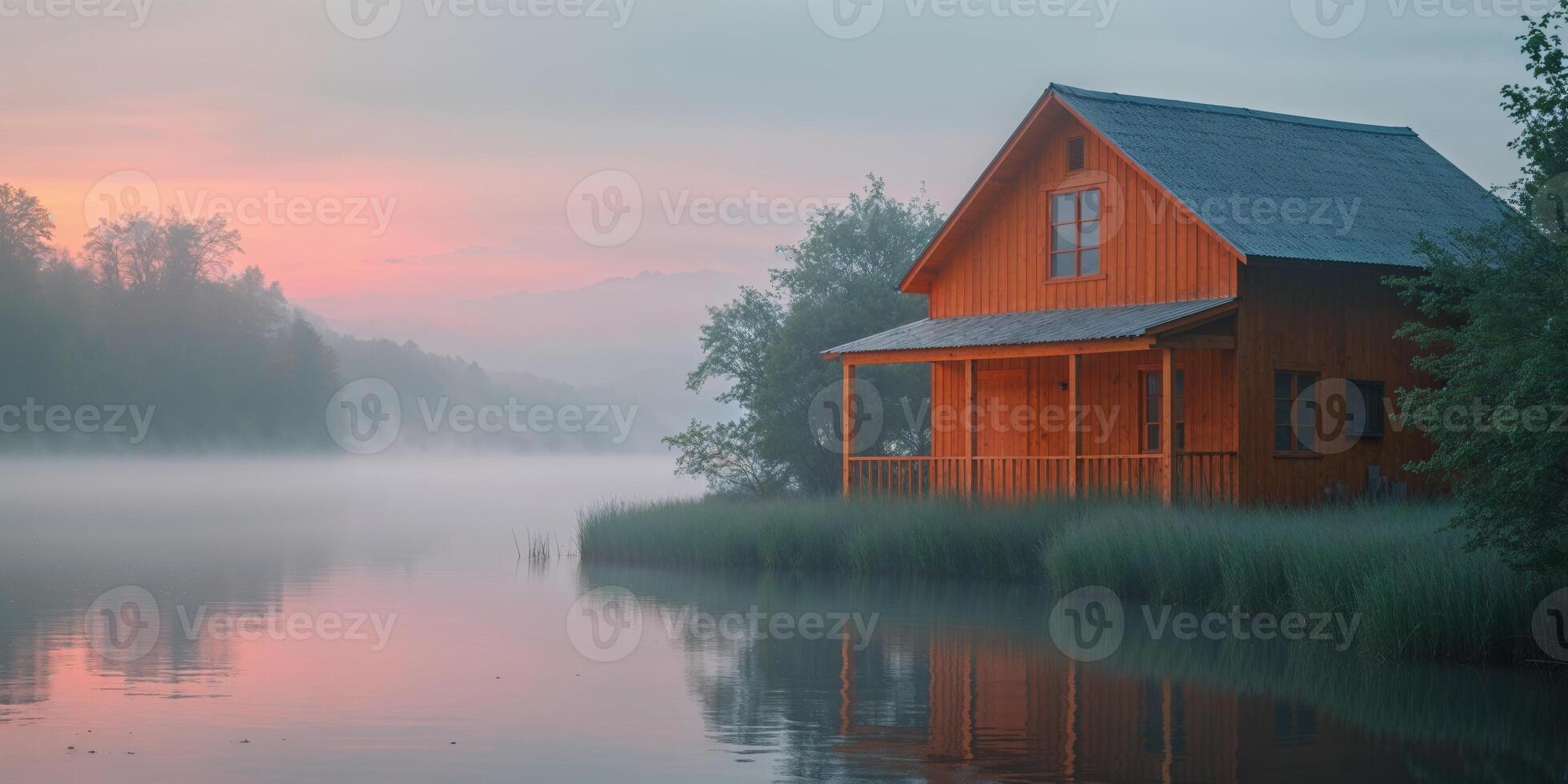 Orange Wooden Home by Misty Lake at Dawn. photo