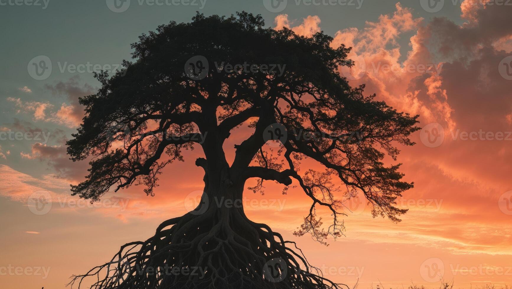 Silhouette of a Tree with Visible Roots at Sunset. photo