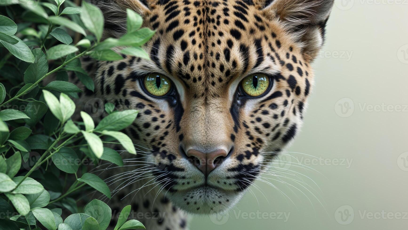 Wild Predator in Lush Greenery A Stunning CloseUp of a Spotted Feline with Intense Eyes and V photo