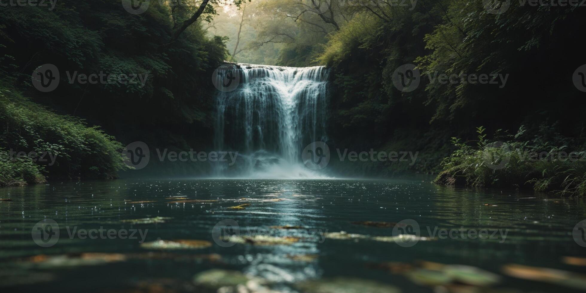 Enigmatic waterfall cascading into mysterious pool with aquatic wildlife. photo