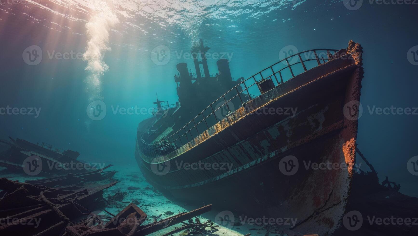 underwater scene of a ship wreck drowning in deep waters. photo