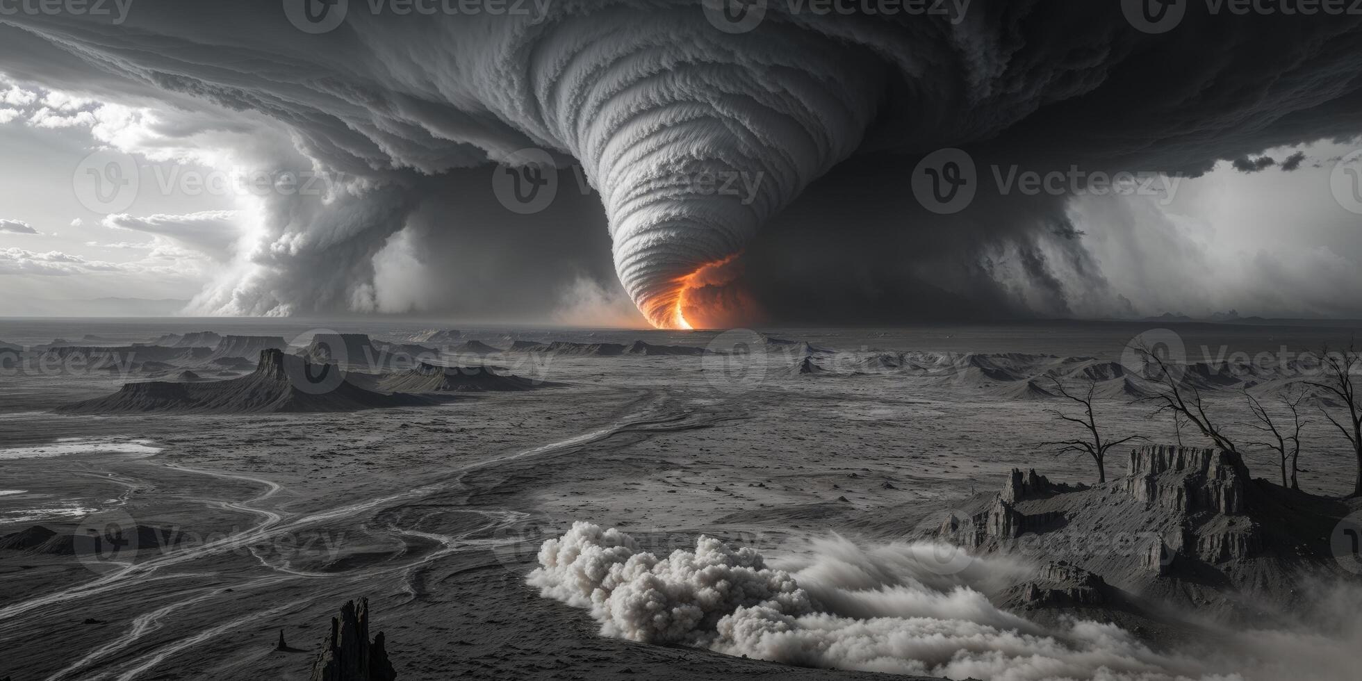 Fiery tornado devastates barren wasteland landscape photo