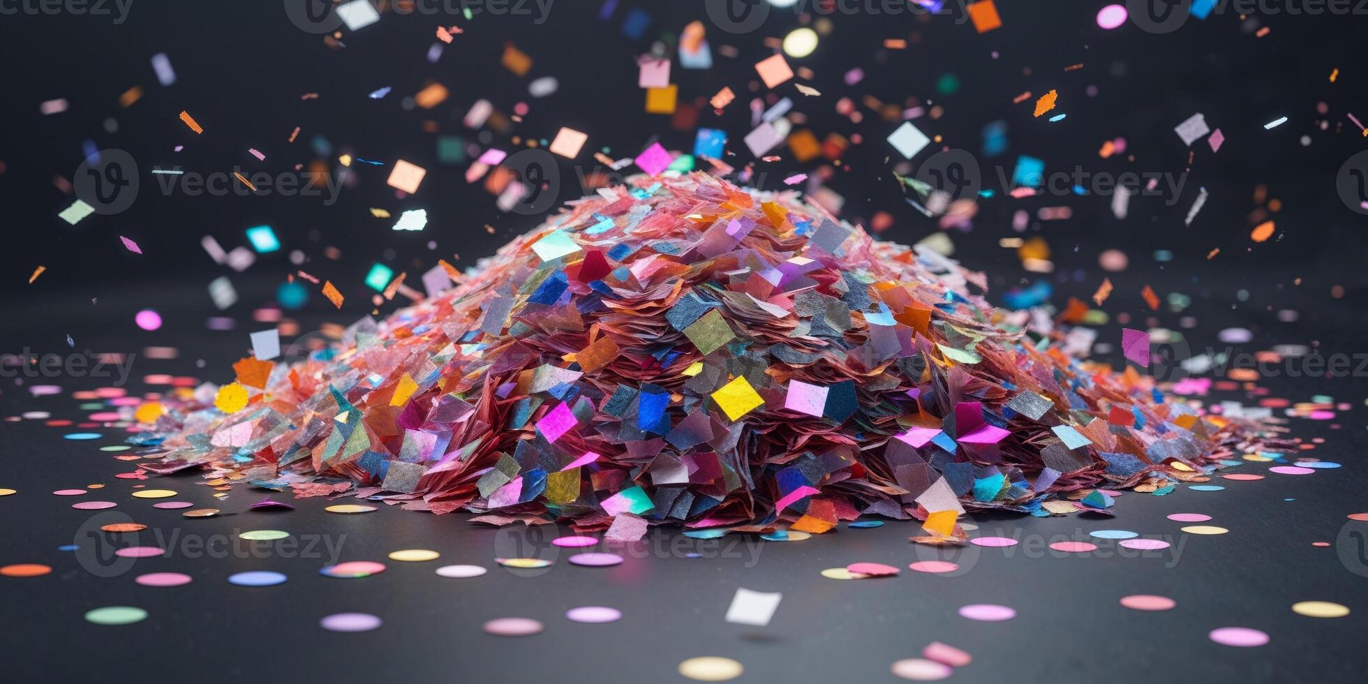 Pile of Colorful Glitter Confetti on Black Background. photo