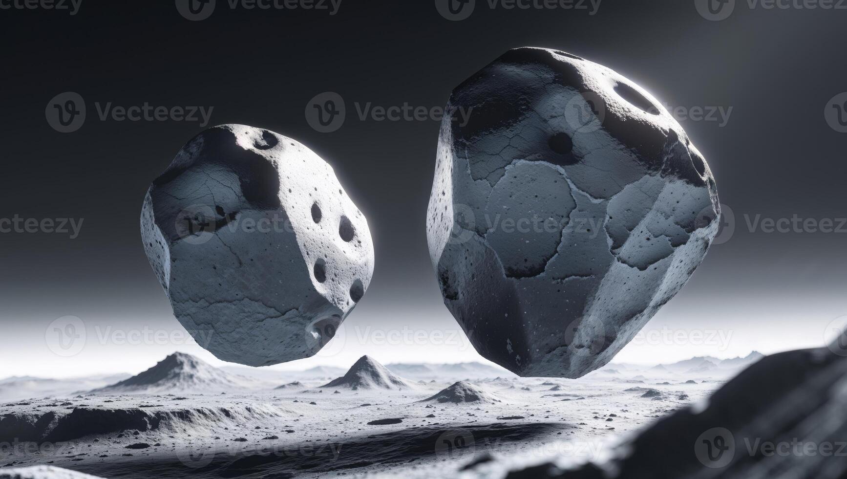 Two Large Asteroids Floating Above a Cratered Celestial Body photo