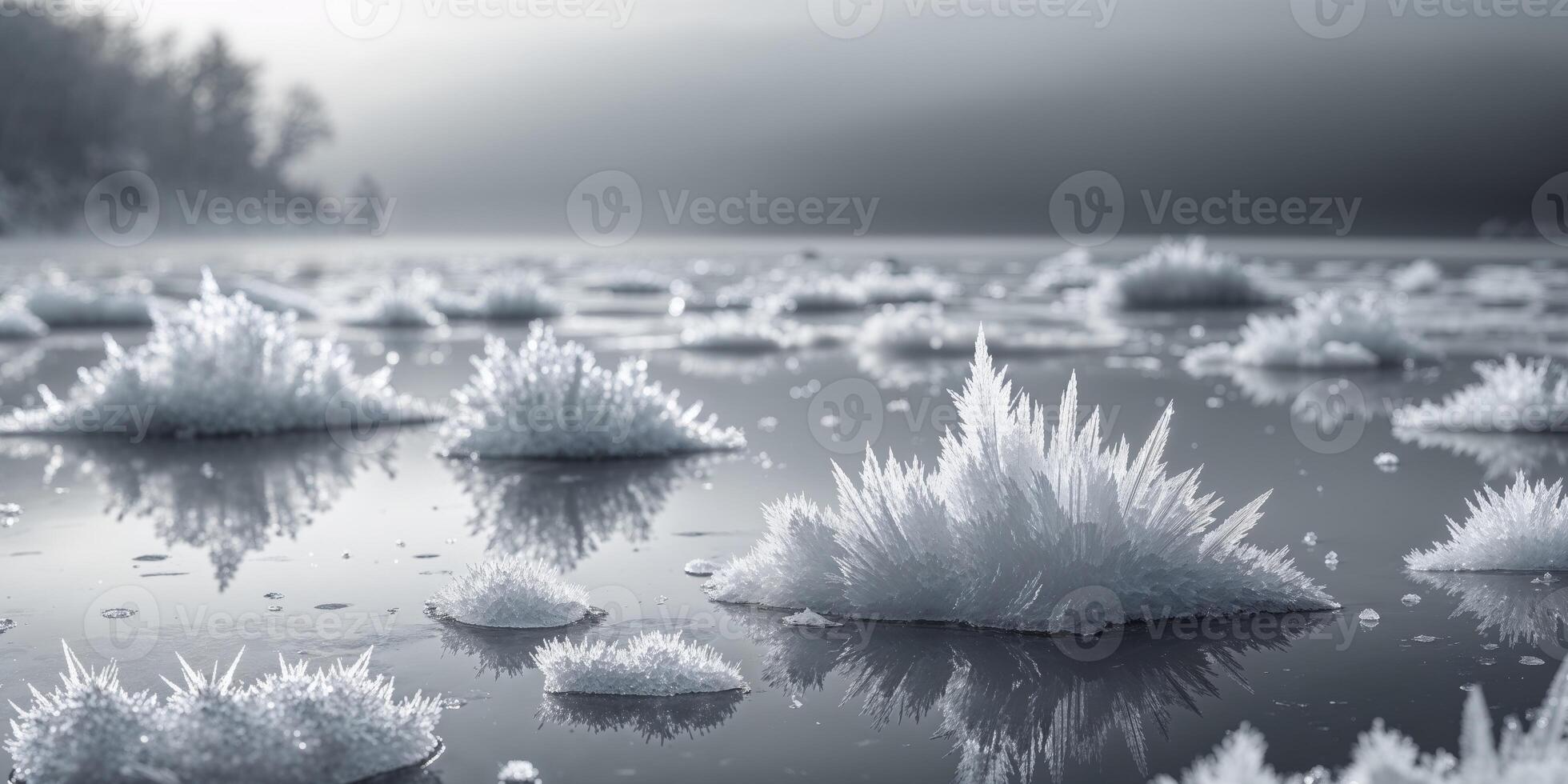Intricate ice crystals forming on the surface of a frozen lake creating a stunning natural art display in winter. photo