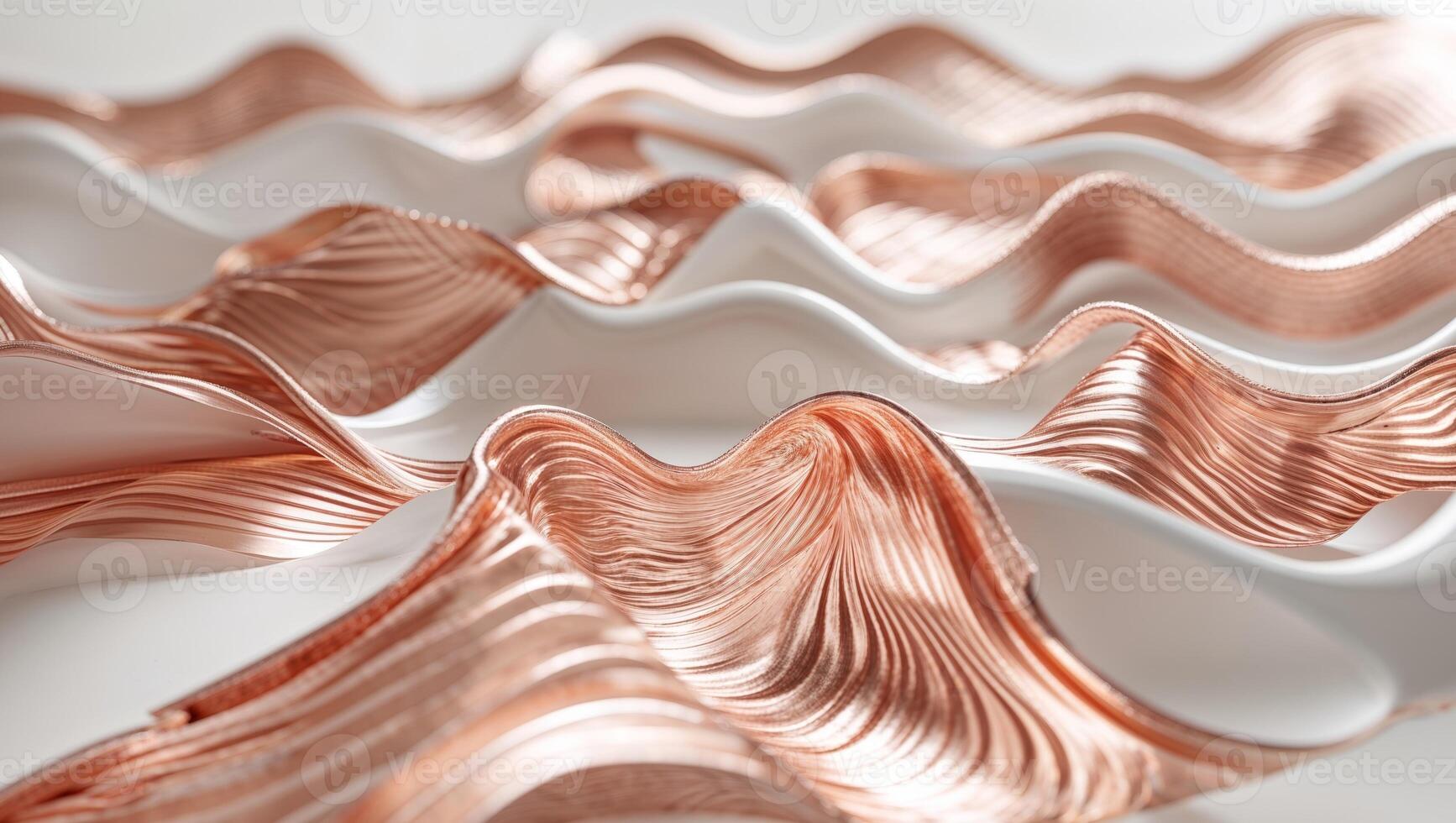 Waterfall made of wavy copper metal with easy curves and ribbons. photo