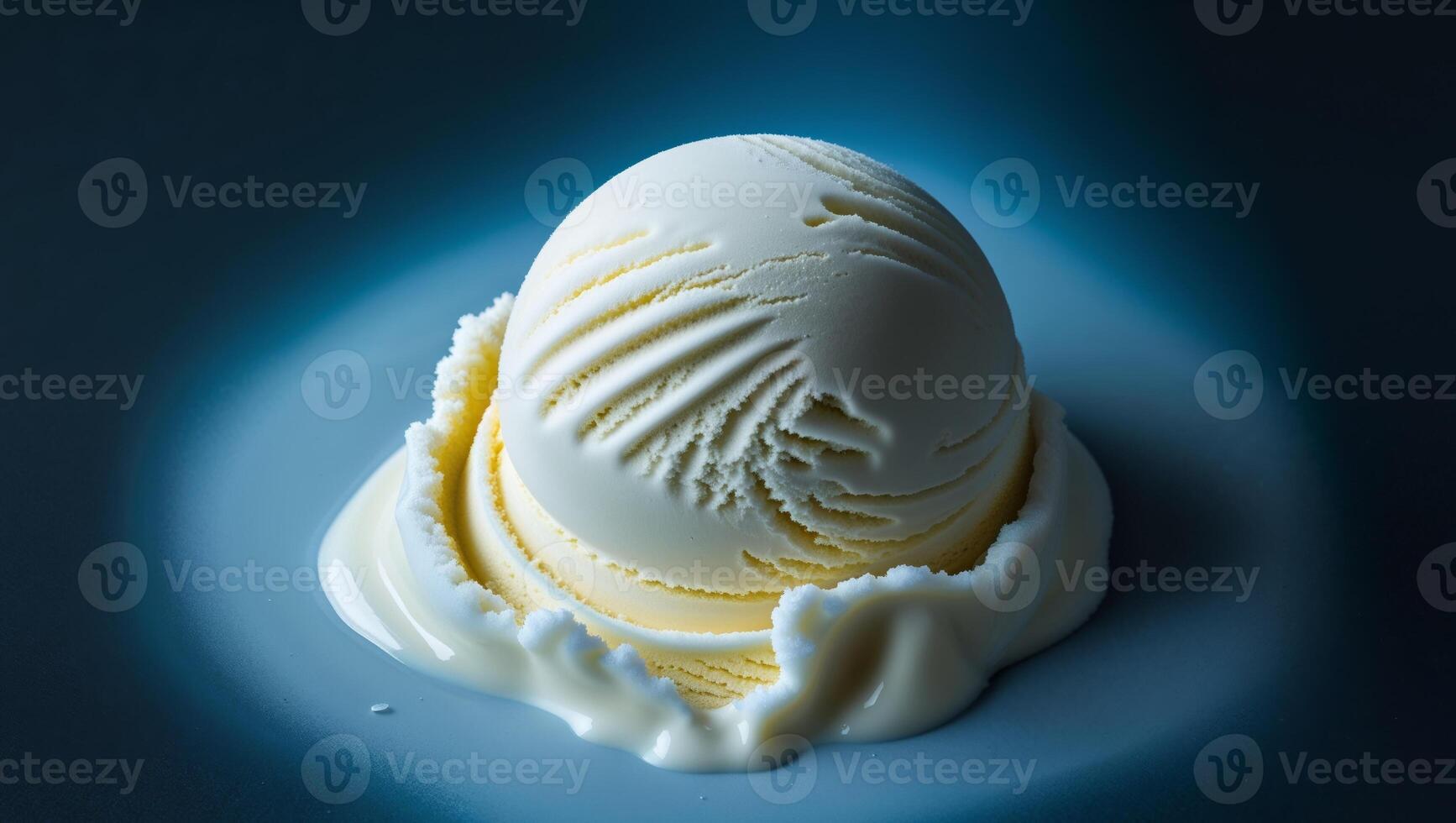 Scoop of Vanilla Ice Cream on Dark Blue Background Overhead Shot. photo