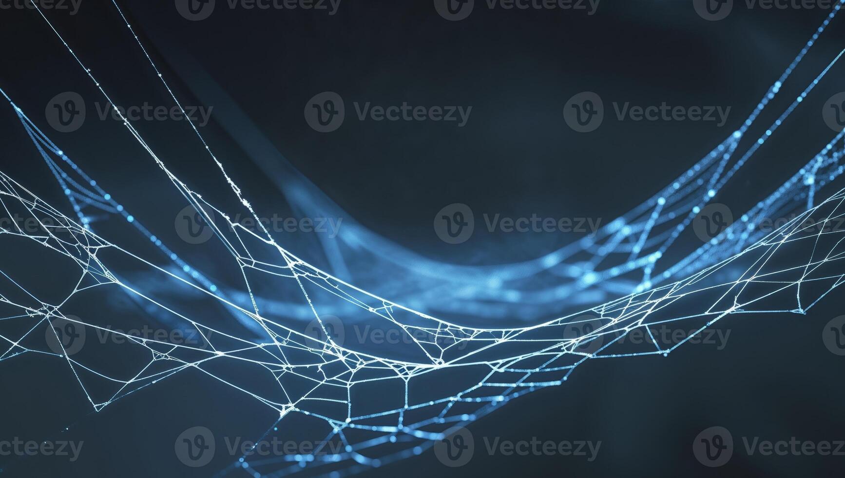 Digital Representation of a Mystical Spider Web Illuminated with Blue Lights on a Dark Background. photo