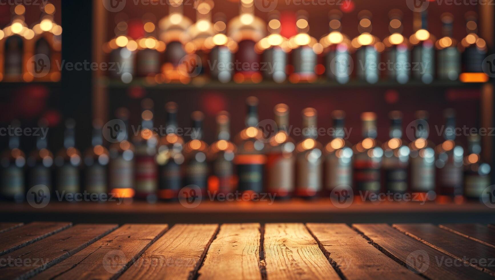 Rustic Wooden Tabletop in a Cozy Bar Setting with Warm Lighting and Blurry Background of Alcohol Bottles photo