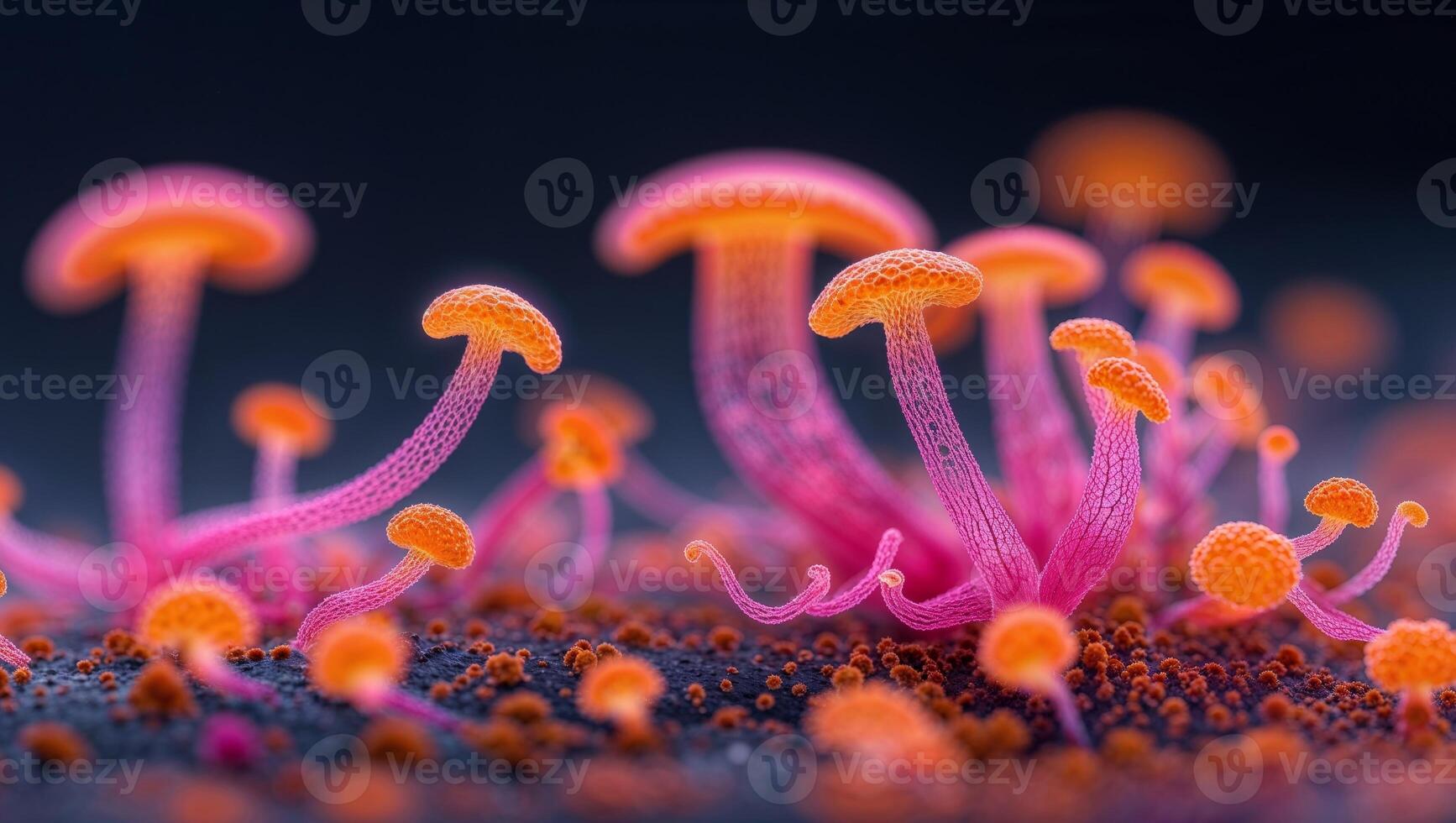 Microscopic Orange and Pink Fungus Spores on Dark Background photo